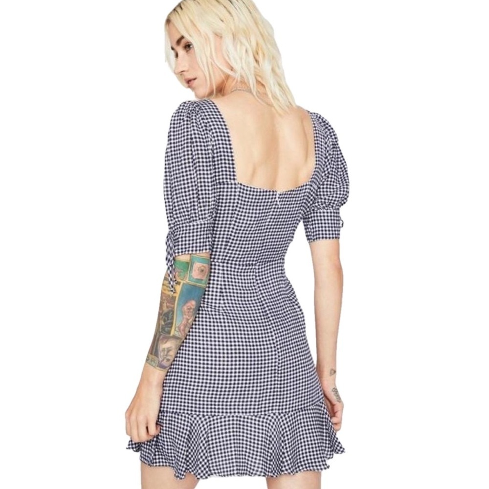 NEW Dress Forum Puff Sleeve Blue Gingham Mini Ruffle Hem Dress Lg Viscose Lined - Picture 11 of 16